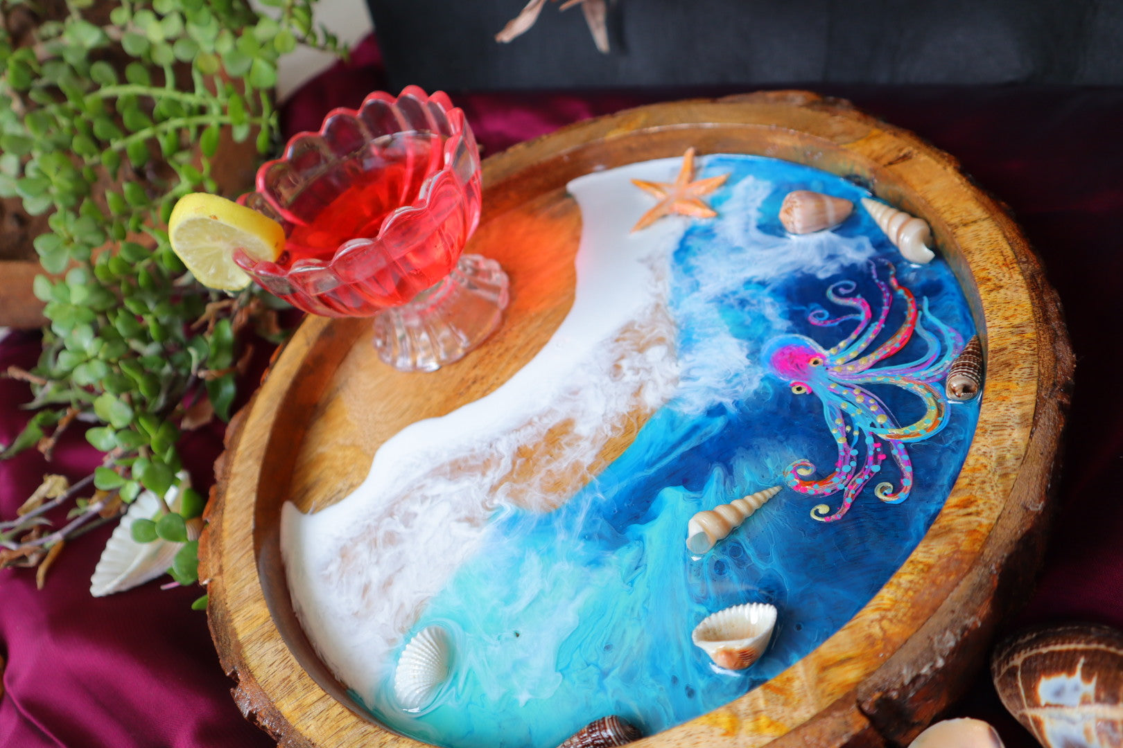 Epoxy Ocean Wooden Circular Tray | Octopus Epoxy Tray |  Beach Theme Resin Serving Tray