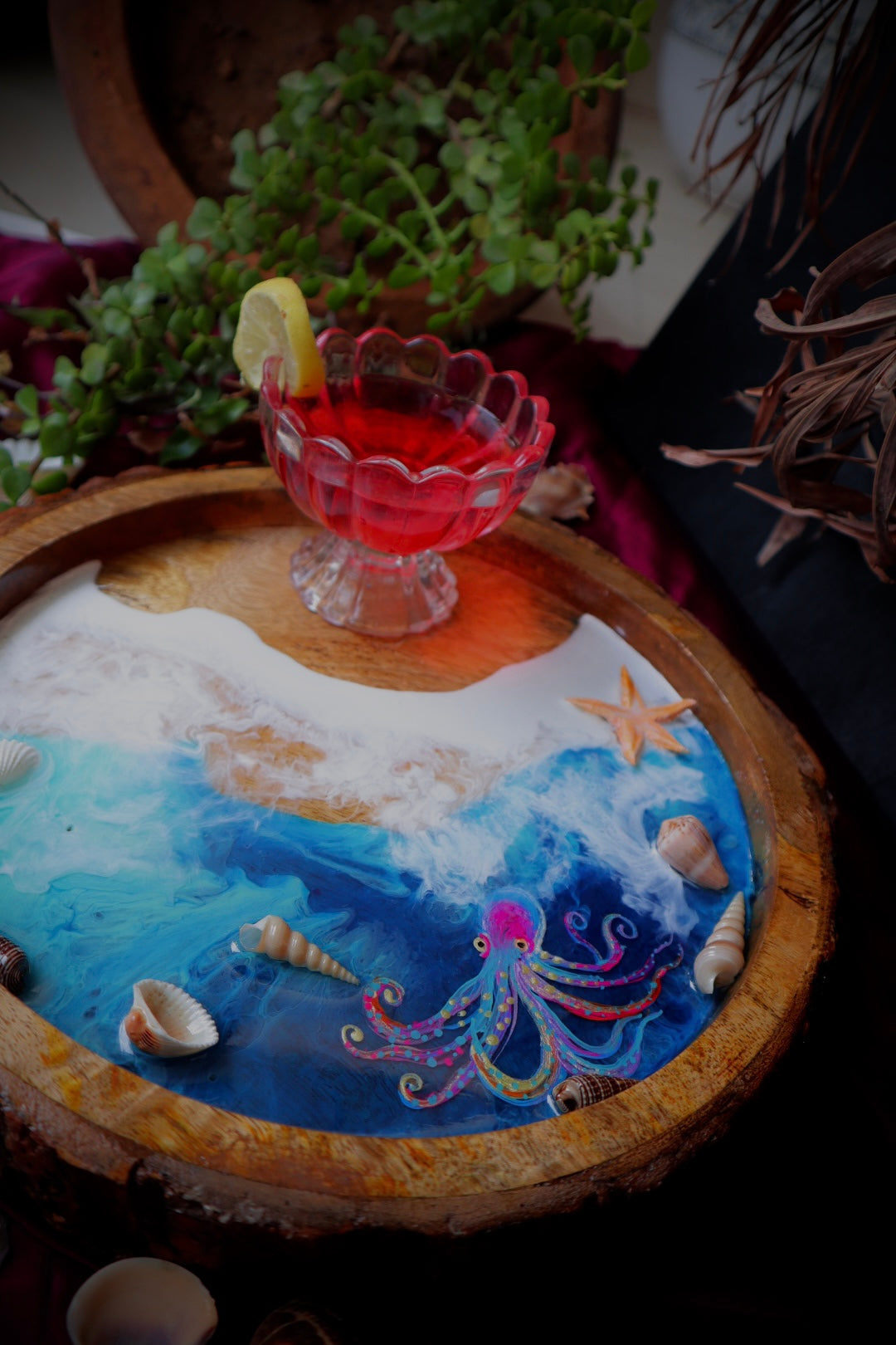 Epoxy Ocean Wooden Circular Tray | Octopus Epoxy Tray |  Beach Theme Resin Serving Tray