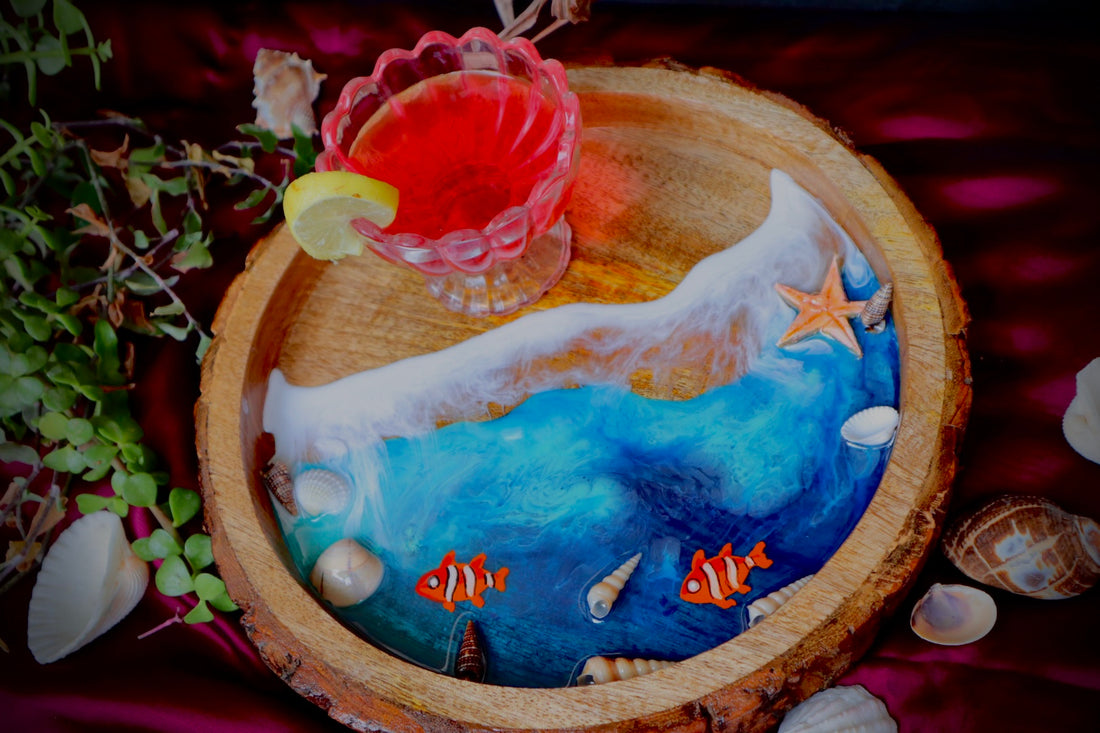 Epoxy Ocean Wooden Circular Tray | Nemo Fish Epoxy Tray |  Beach Theme Resin Serving Tray