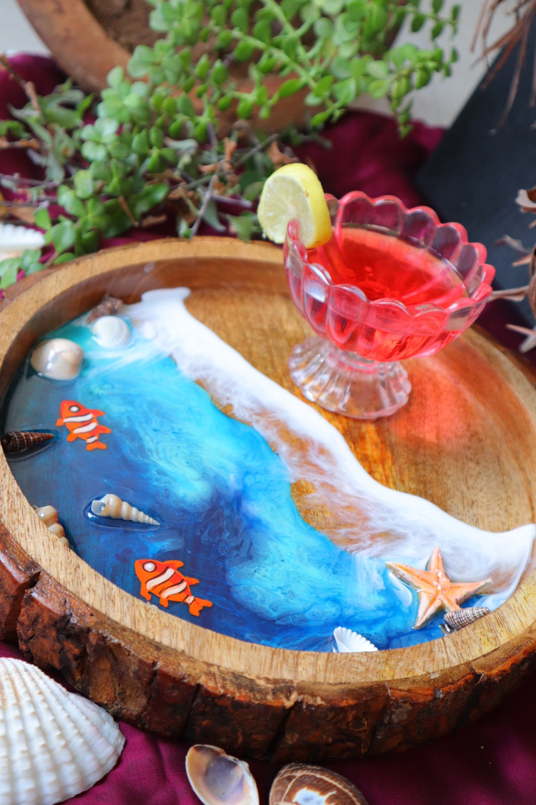 Epoxy Ocean Wooden Circular Tray | Nemo Fish Epoxy Tray |  Beach Theme Resin Serving Tray