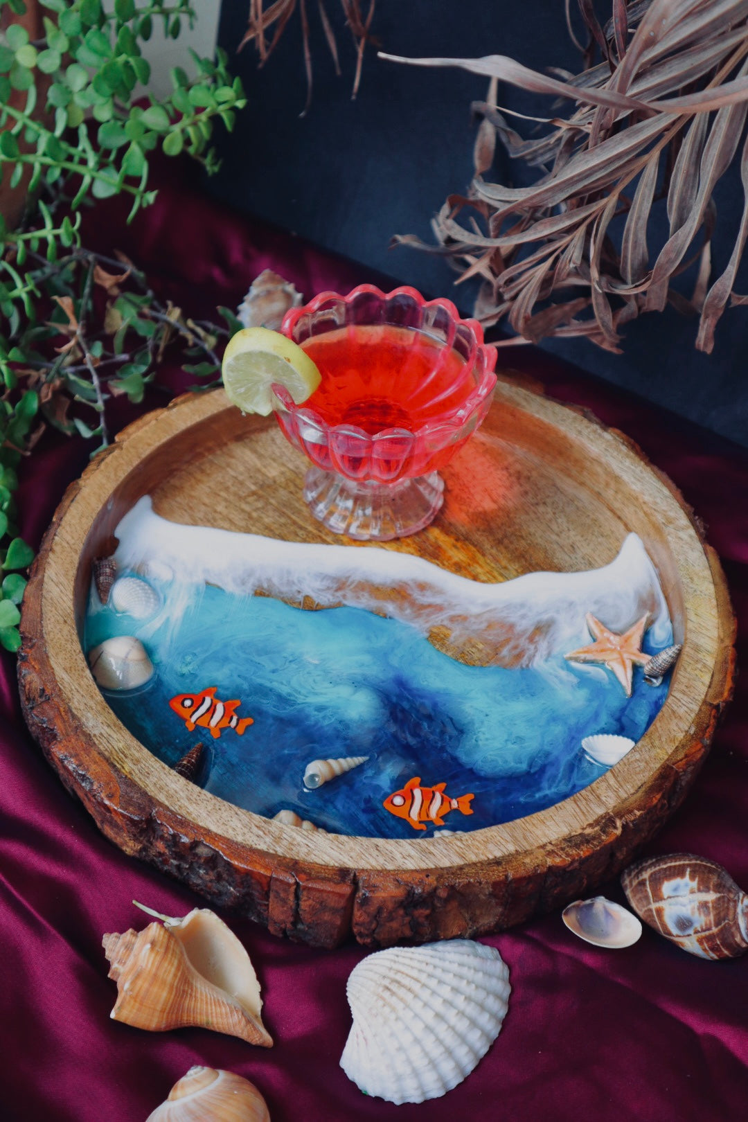 Epoxy Ocean Wooden Circular Tray | Nemo Fish Epoxy Tray |  Beach Theme Resin Serving Tray