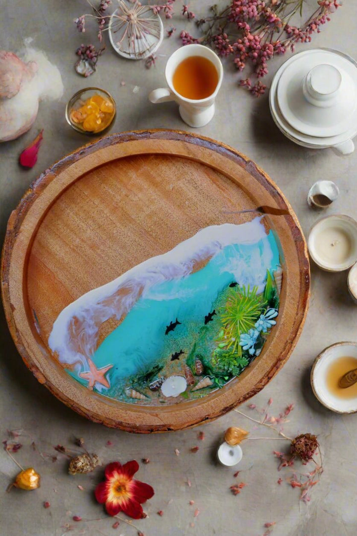 Epoxy Ocean Wooden Circular Tray | Coral ThemeTray | Beach Theme Resin Serving Tray