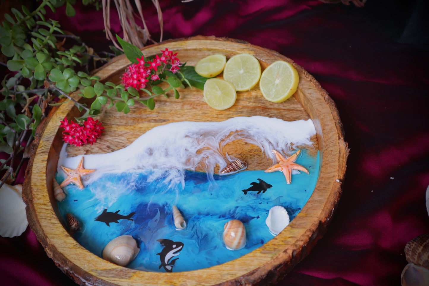 Epoxy Ocean Wooden Circular Tray | Baby Shark Fish Tray | Beach Theme Resin Serving Tray