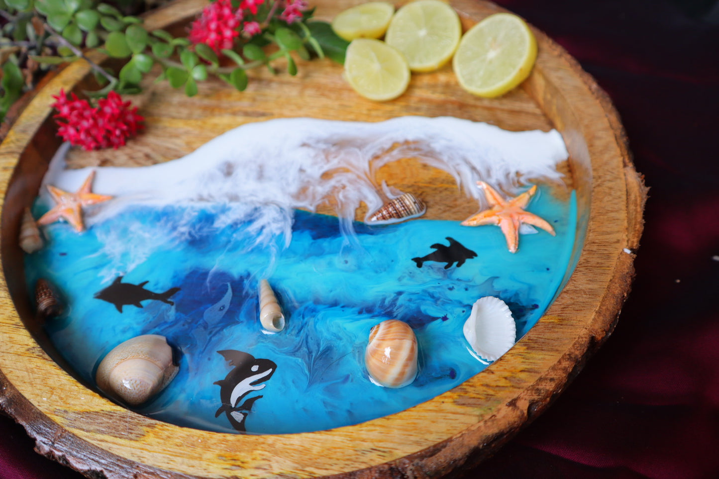 Epoxy Ocean Wooden Circular Tray | Baby Shark Fish Tray | Beach Theme Resin Serving Tray