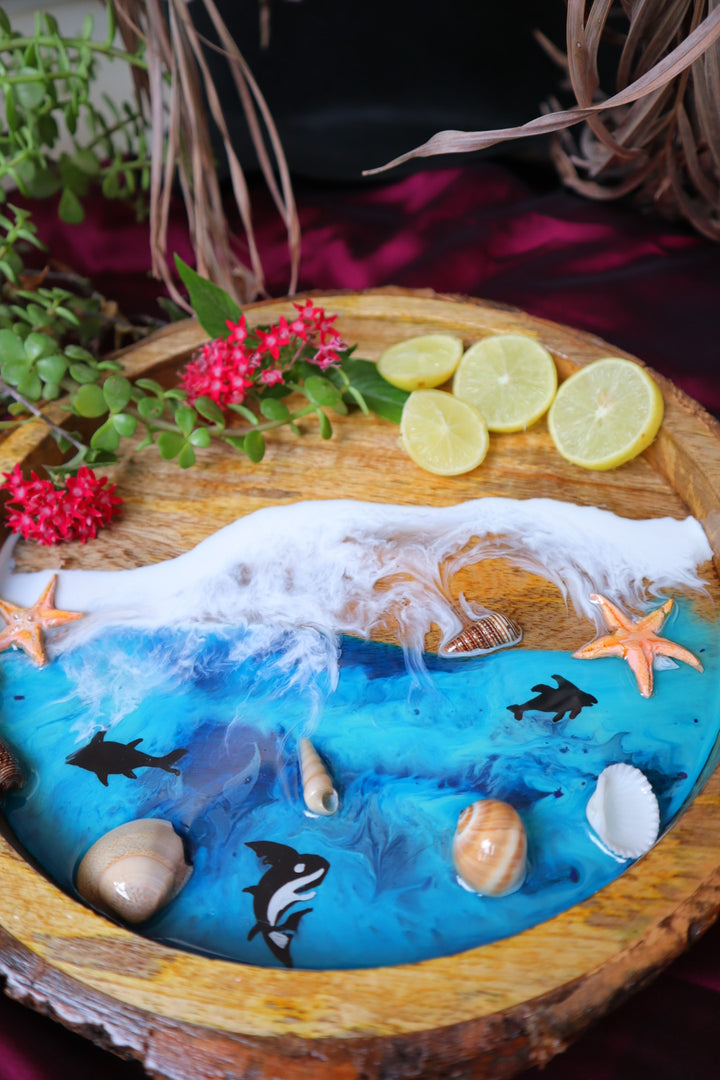 Epoxy Ocean Wooden Circular Tray | Baby Shark Fish Tray | Beach Theme Resin Serving Tray