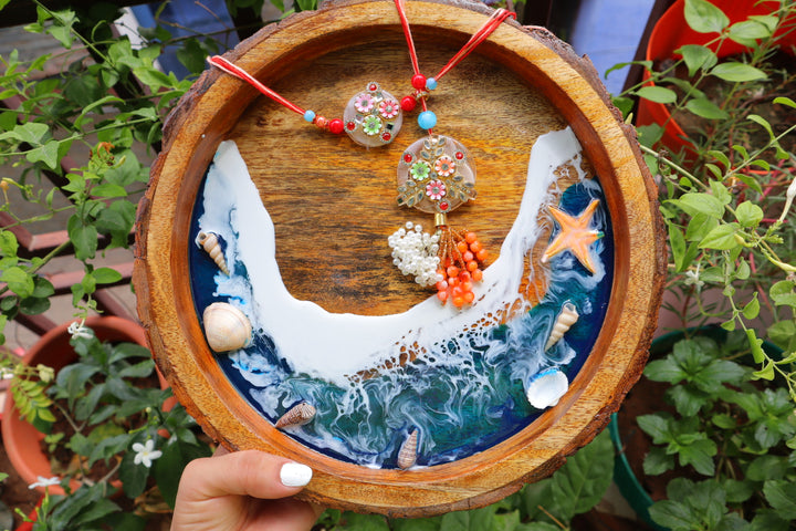 Epoxy Ocean Wooden Circular Tray  | Dark Ocean with waves| Beach Theme Resin Serving Tray