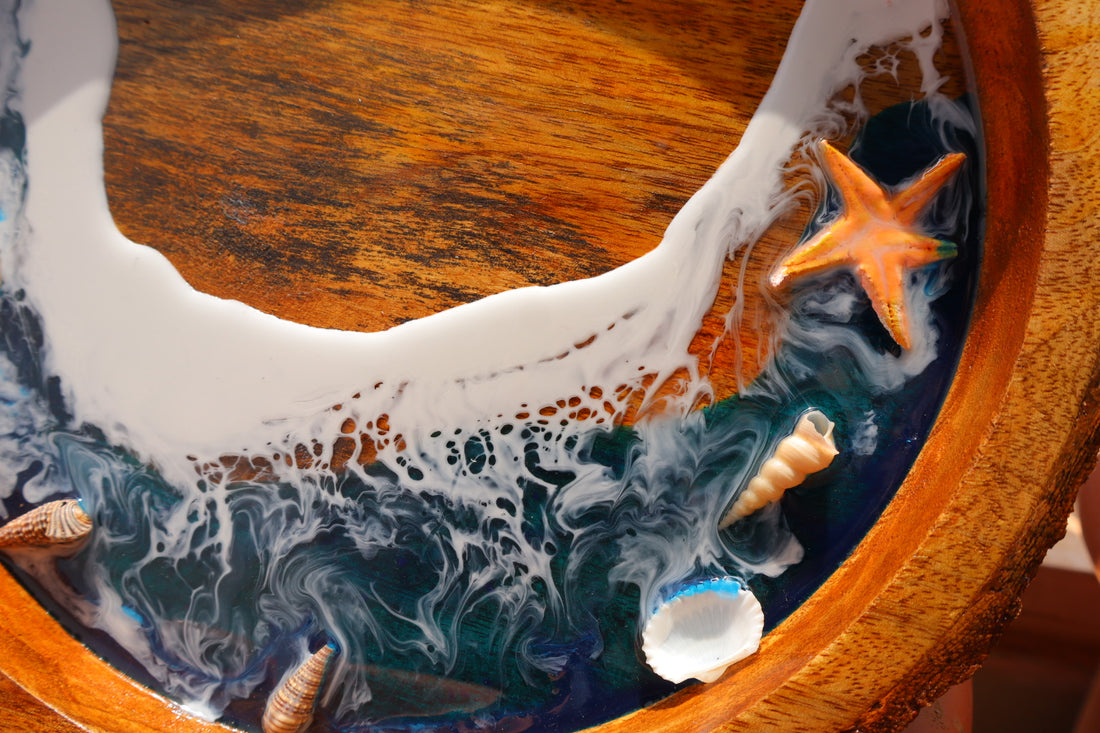 Epoxy Ocean Wooden Circular Tray  | Dark Ocean with waves| Beach Theme Resin Serving Tray