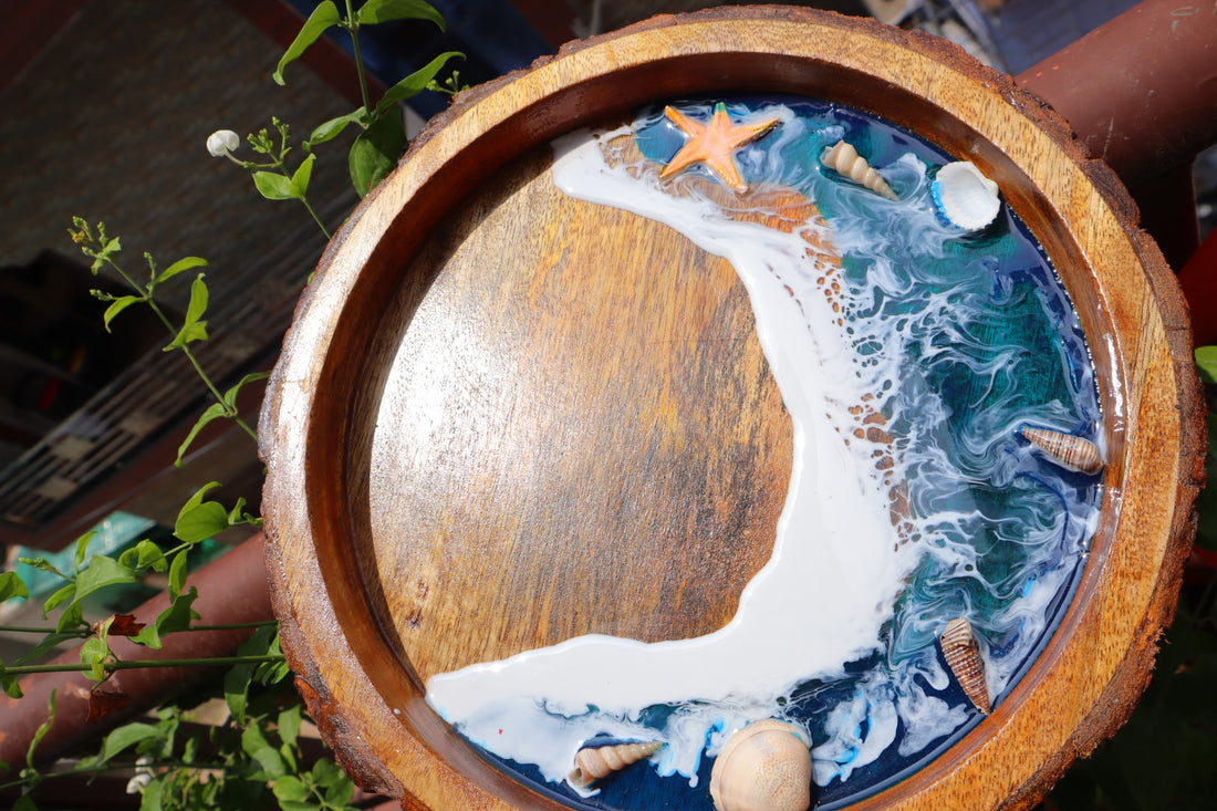 Epoxy Ocean Wooden Circular Tray  | Dark Ocean with waves| Beach Theme Resin Serving Tray