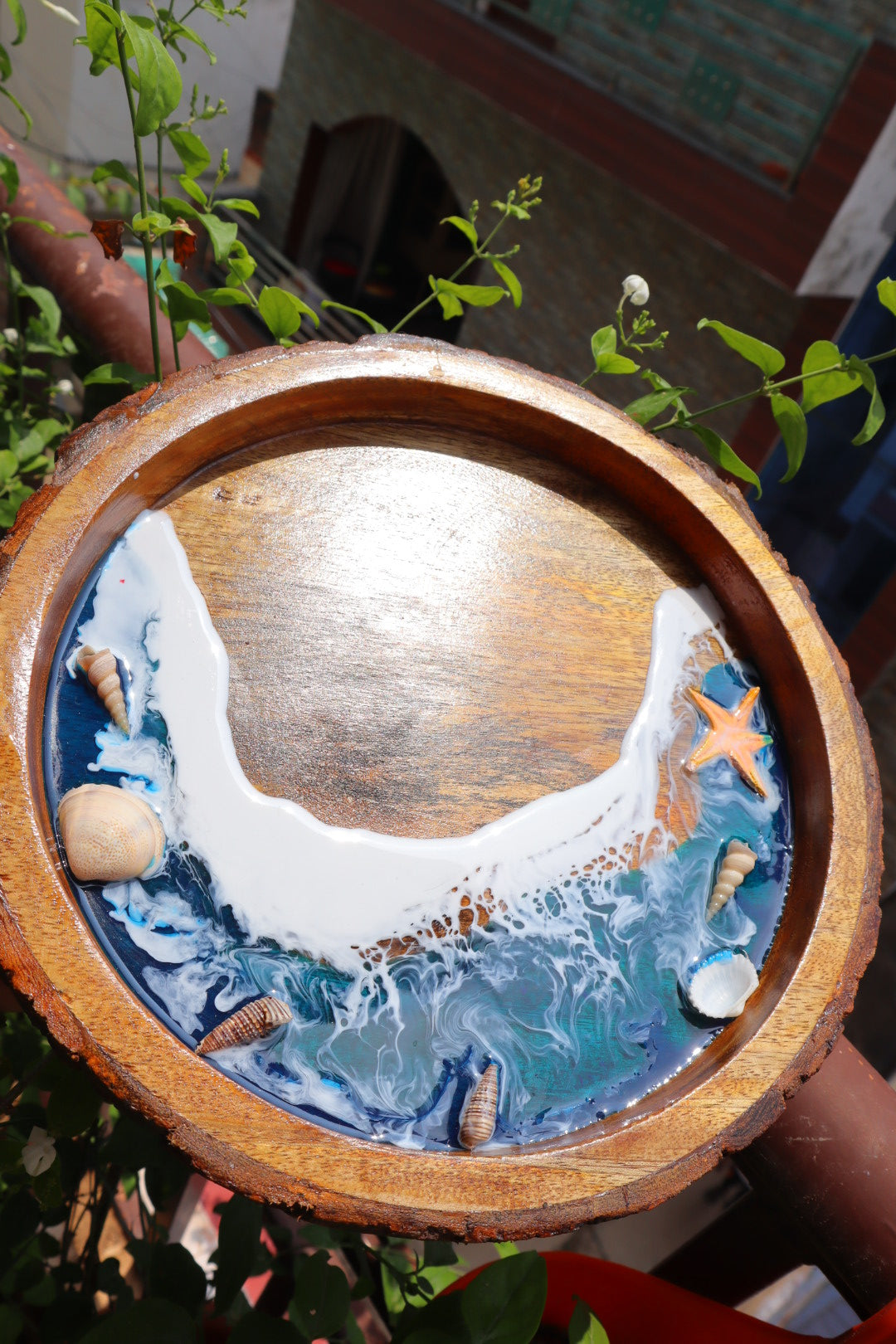 Epoxy Ocean Wooden Circular Tray  | Dark Ocean with waves| Beach Theme Resin Serving Tray