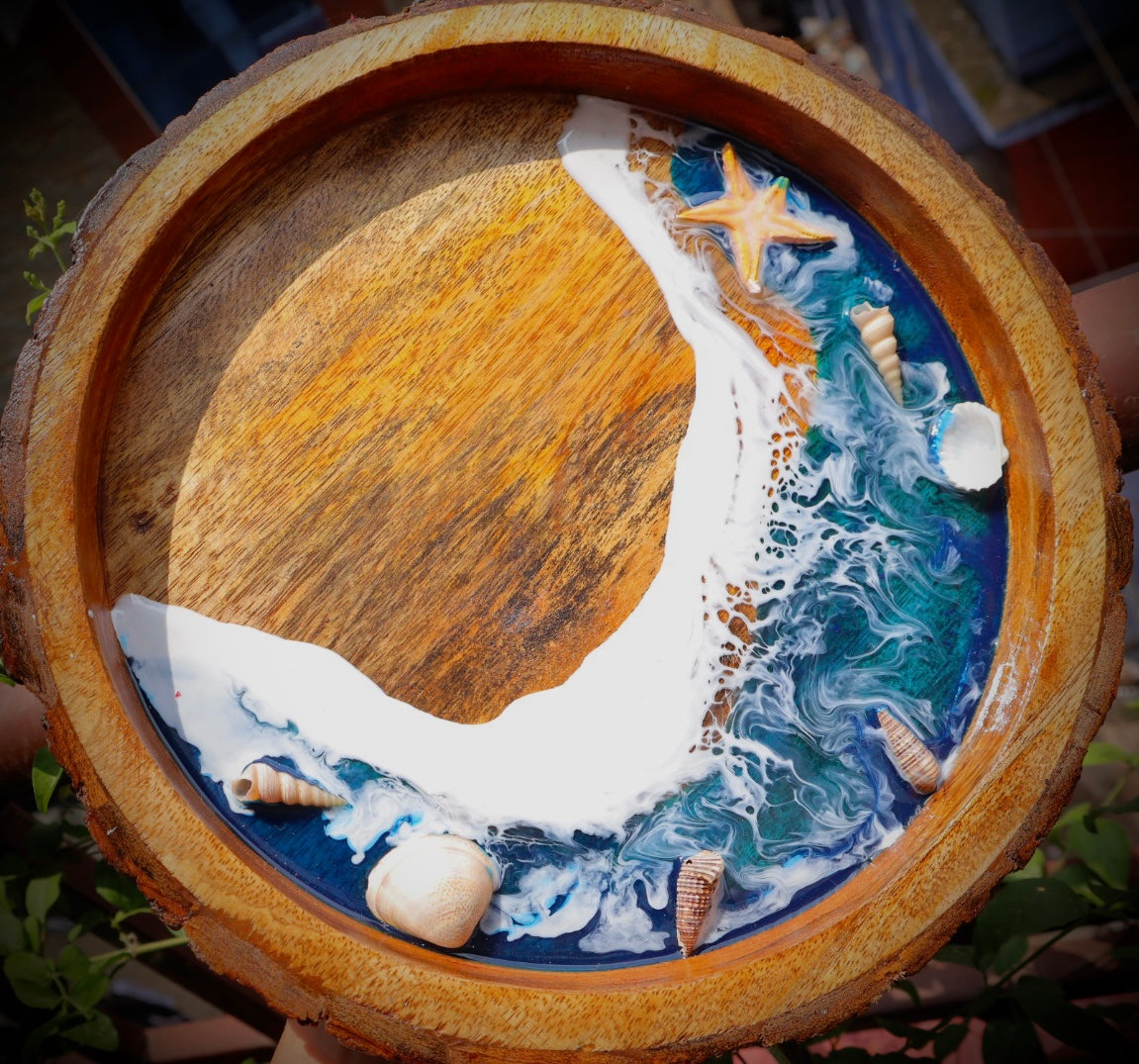 Rustic Natural Wood/ Resin Ocean outlets Tray - Handmade