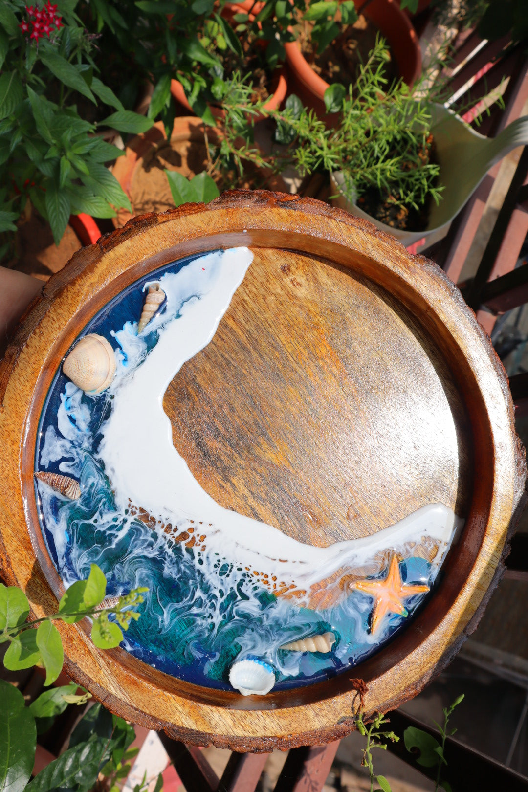 Epoxy Ocean Wooden Circular Tray  | Dark Ocean with waves| Beach Theme Resin Serving Tray