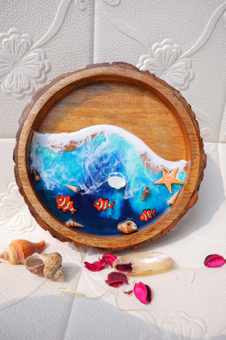 Epoxy Ocean Wooden Circular Tray | Nemo Fish Tray | Beach Theme Resin Serving Tray