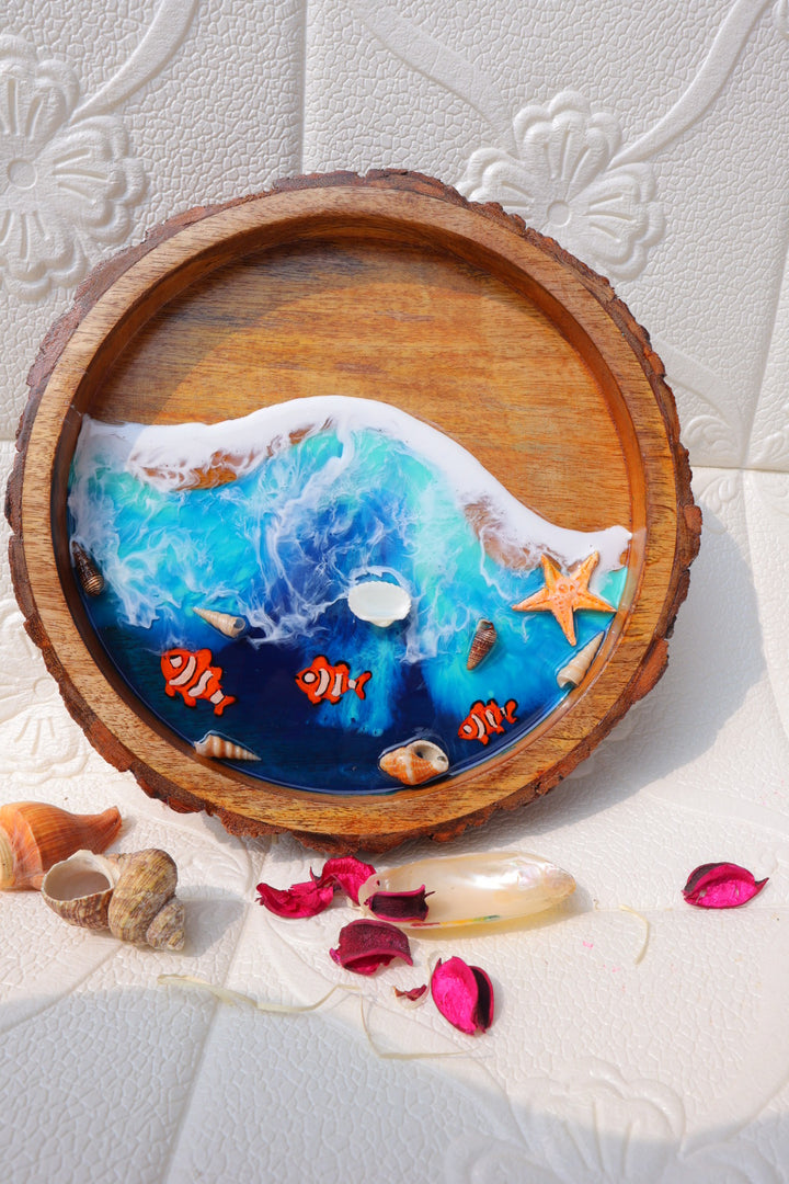 Epoxy Ocean Wooden Circular Tray | Nemo Fish Tray | Beach Theme Resin Serving Tray