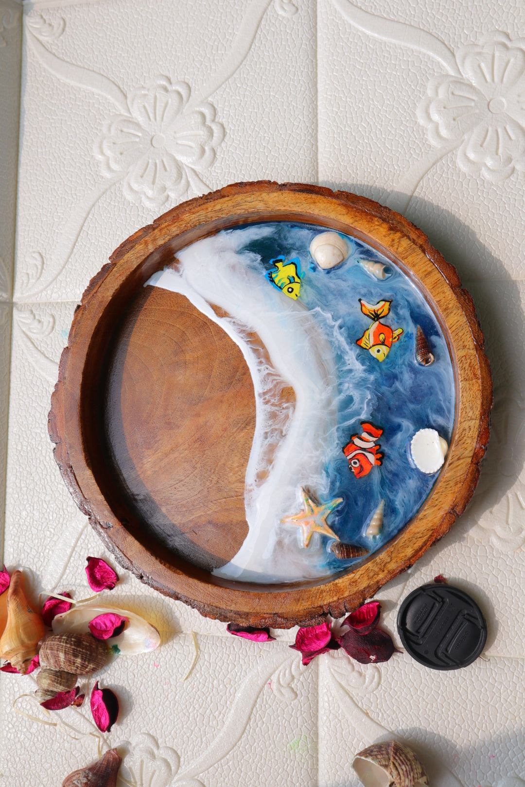 Epoxy Ocean Wooden Circular Tray  | Colorful Fishes | Beach Theme Resin Serving Tray