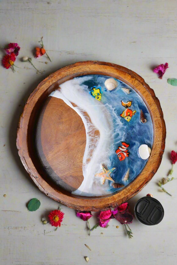 Epoxy Ocean Wooden Circular Tray  | Colorful Fishes | Beach Theme Resin Serving Tray