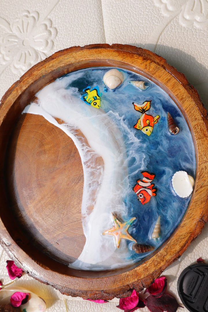 Epoxy Ocean Wooden Circular Tray  | Colorful Fishes | Beach Theme Resin Serving Tray