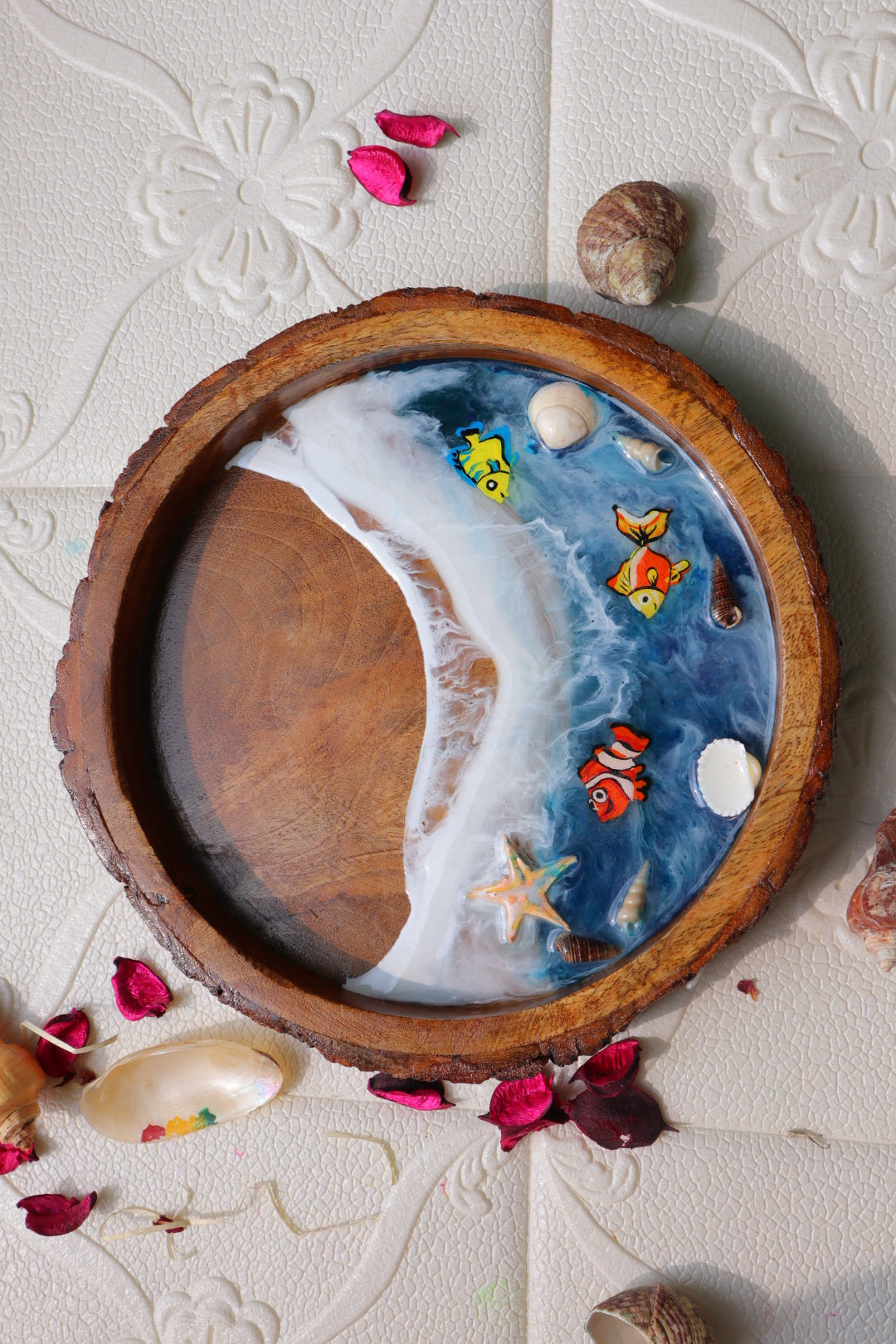 Epoxy Ocean Wooden Circular Tray  | Colorful Fishes | Beach Theme Resin Serving Tray