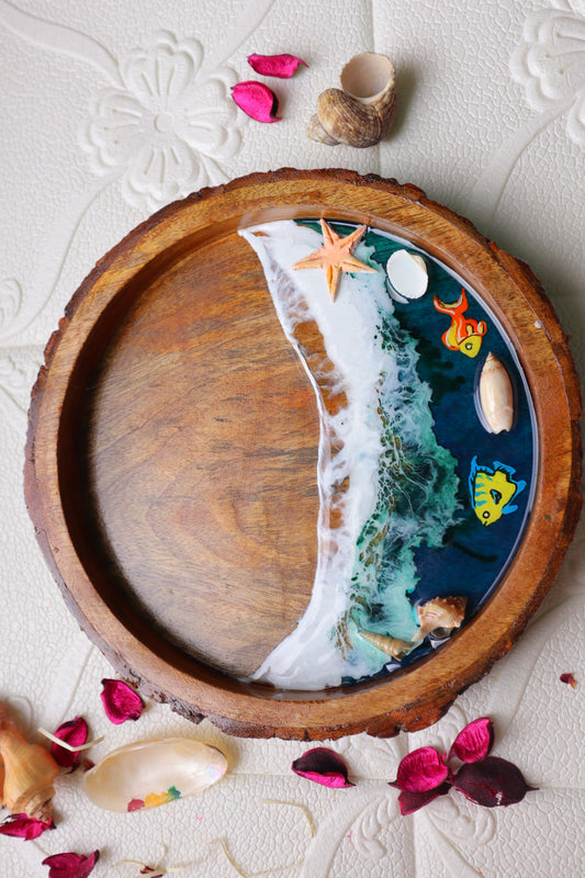 Epoxy Ocean Wooden Circular Tray  | Colorful Fishes with waves| Beach Theme Resin Serving Tray
