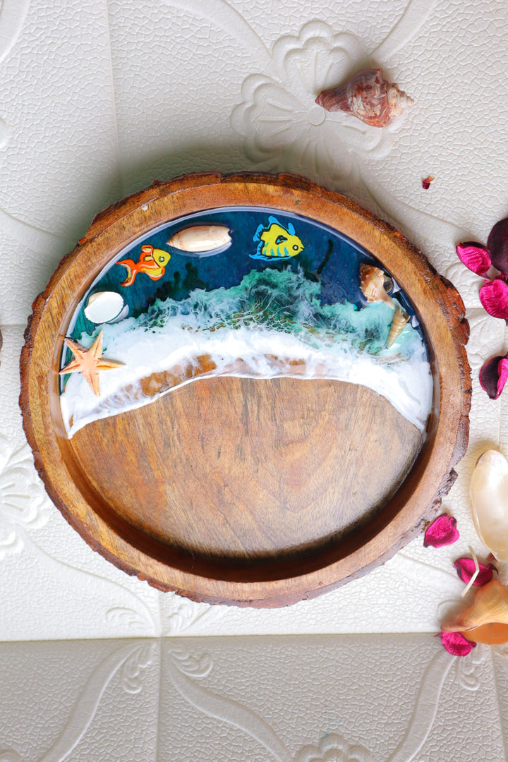 Epoxy Ocean Wooden Circular Tray  | Colorful Fishes with waves| Beach Theme Resin Serving Tray