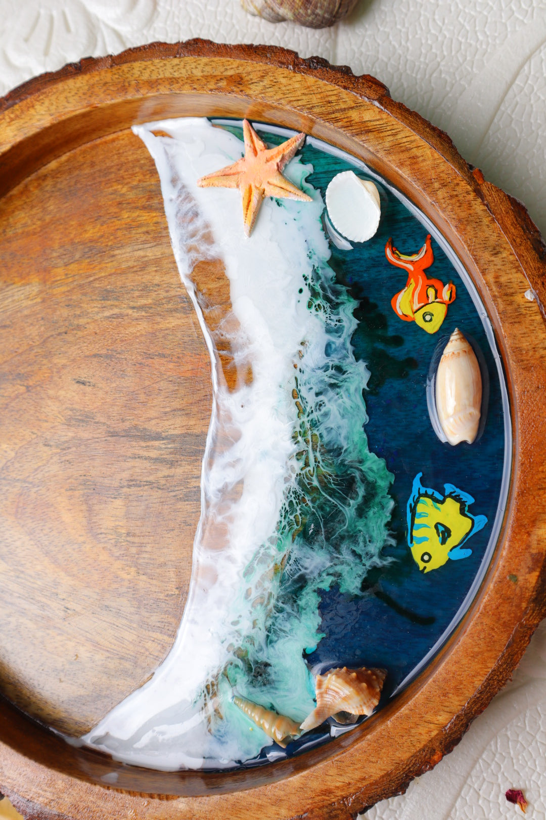 Epoxy Ocean Wooden Circular Tray  | Colorful Fishes with waves| Beach Theme Resin Serving Tray