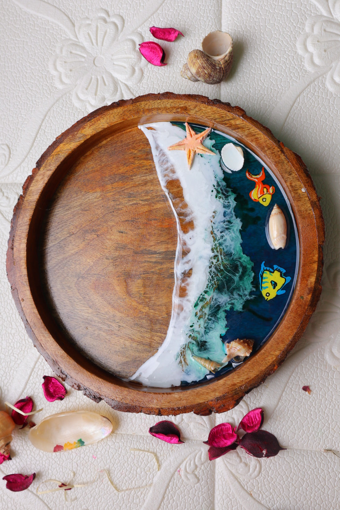 Epoxy Ocean Wooden Circular Tray  | Colorful Fishes with waves| Beach Theme Resin Serving Tray