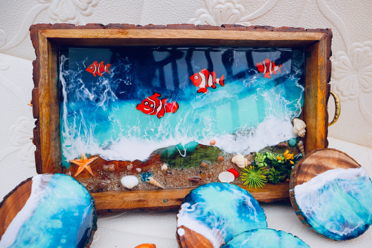 NEMO Fish Rectangle Epoxy Ocean Tray (Without Coasters) Beach Theme Resin Serving Tray