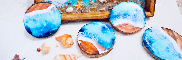 Set of 4 Wooden Coasters with Ocean Themed Resin Art