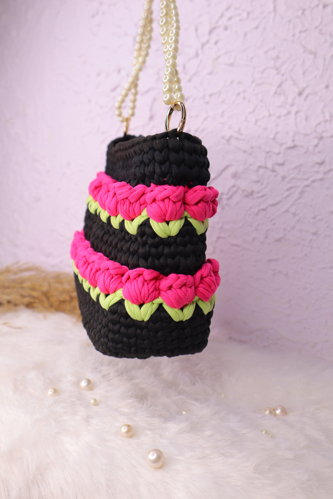 Multilayered  Pink Tulip on Black with Pearl Strap Crotchet Bag