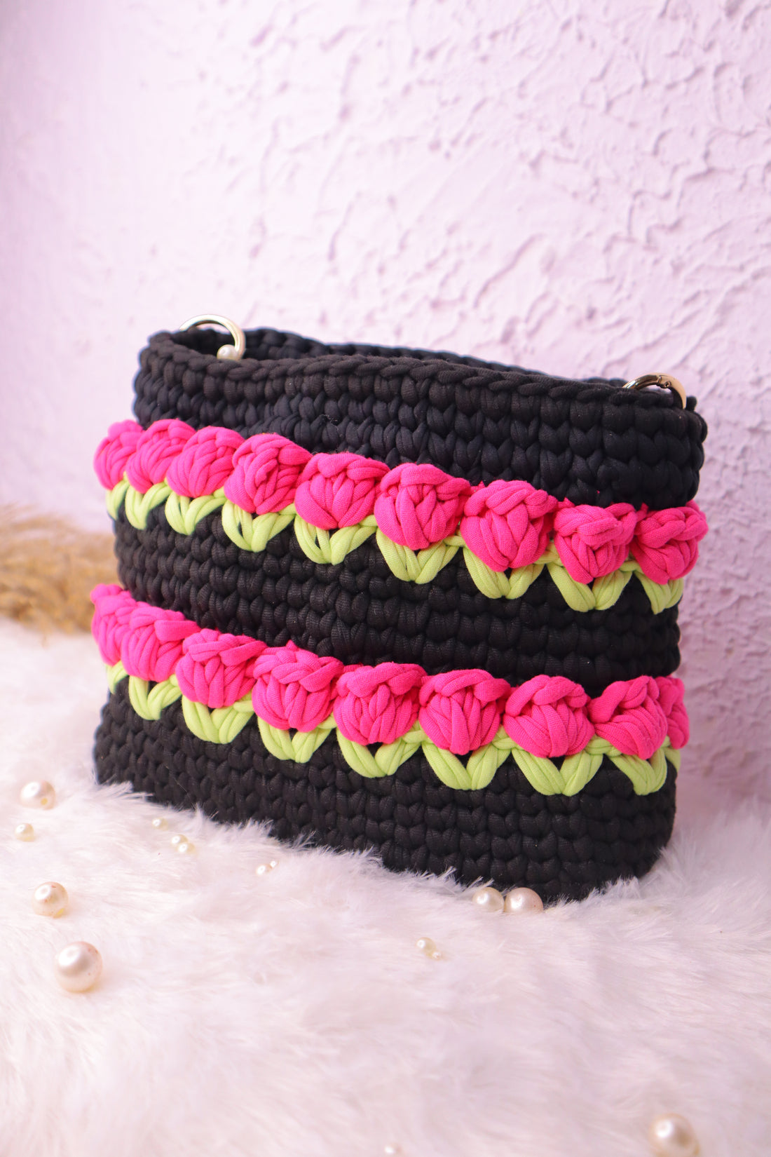 Multilayered  Pink Tulip on Black with Pearl Strap Crotchet Bag