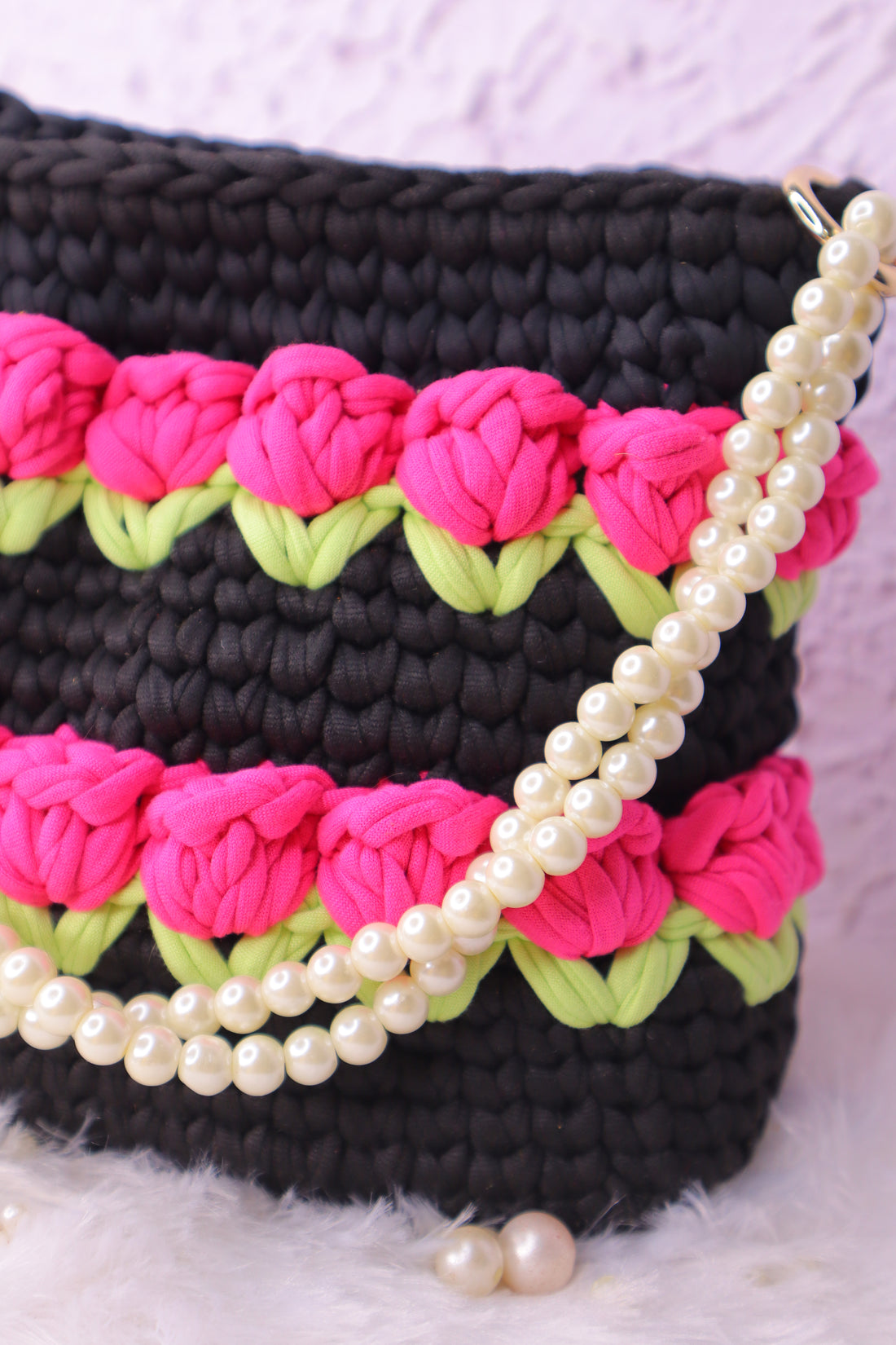 Multilayered  Pink Tulip on Black with Pearl Strap Crotchet Bag