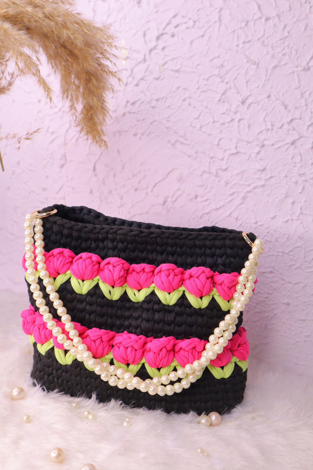 Multilayered  Pink Tulip on Black with Pearl Strap Crotchet Bag