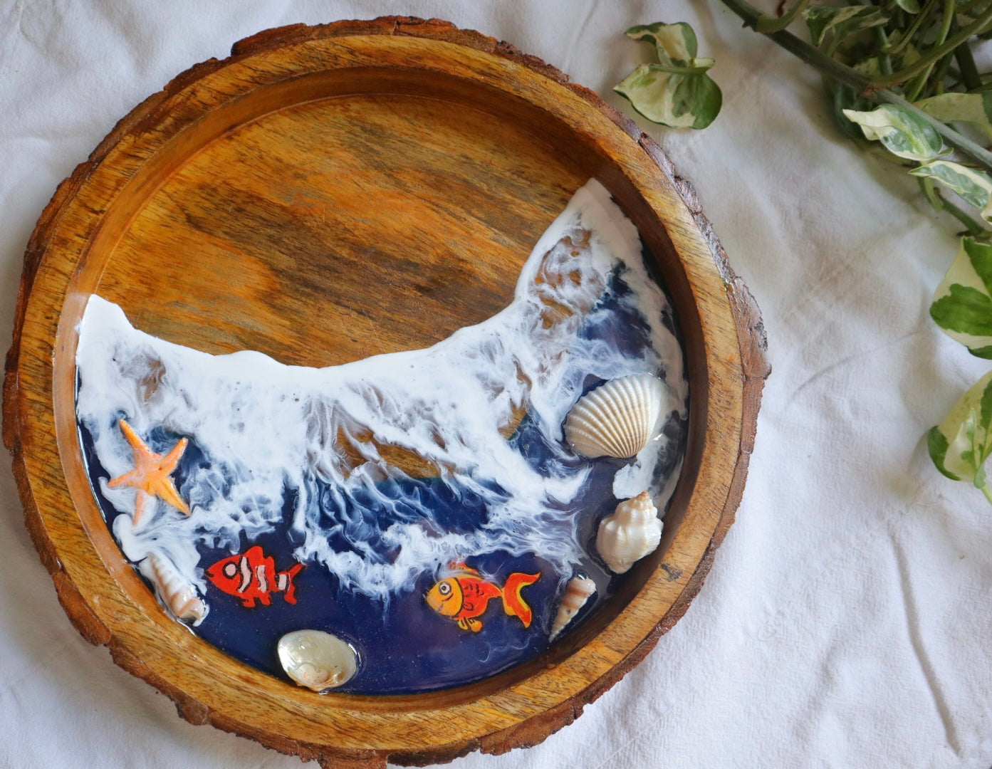 Epoxy Ocean Wooden Circular Tray with handmade fishes | Beach Theme Resin Serving Tray