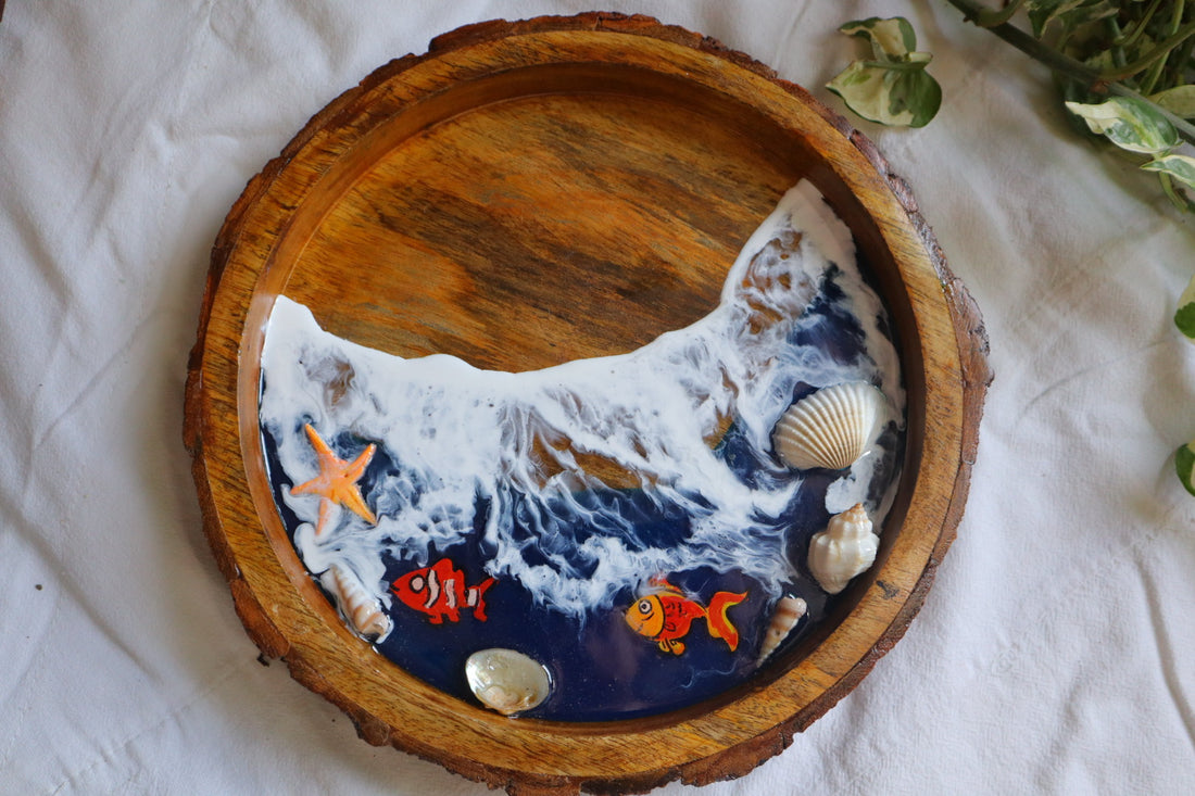 Epoxy Ocean Wooden Circular Tray with handmade fishes | Beach Theme Resin Serving Tray