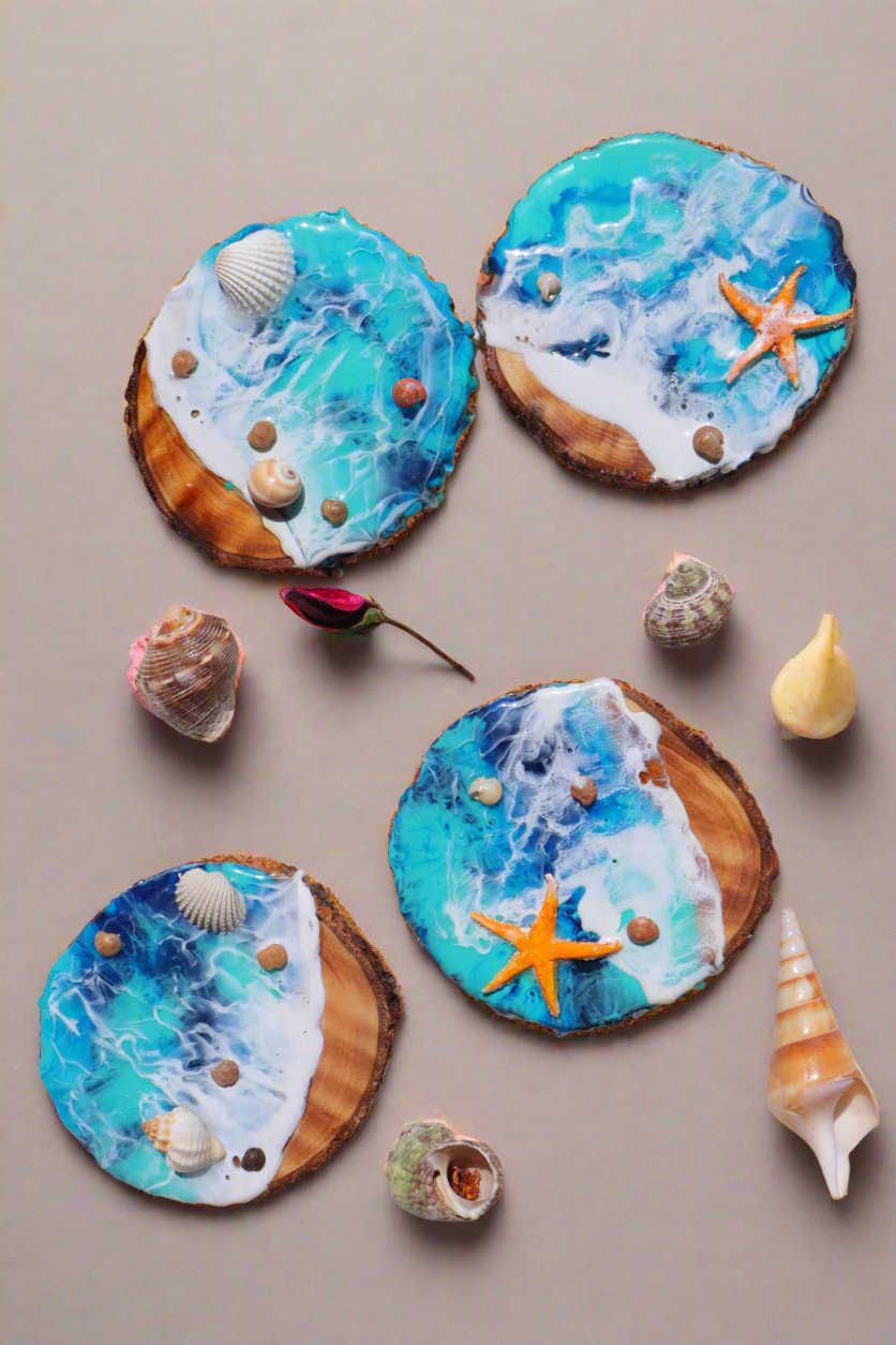 Set of 4 Handmade Coasters with Sea Shells and Star Fish