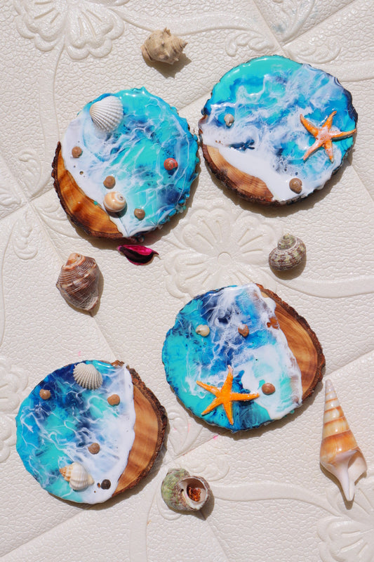 Set of 4 Handmade Coasters with Sea Shells and Star Fish | Ocean Theme Tray Set