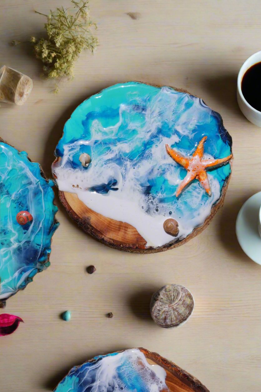 Set of 4 Handmade Coasters with Sea Shells and Star Fish