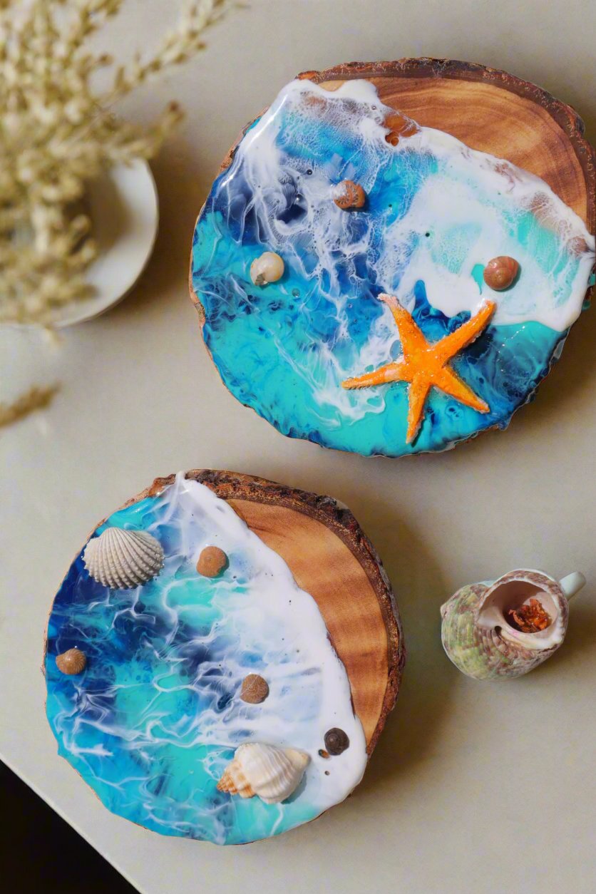 Set of 4 Handmade Coasters with Sea Shells and Star Fish