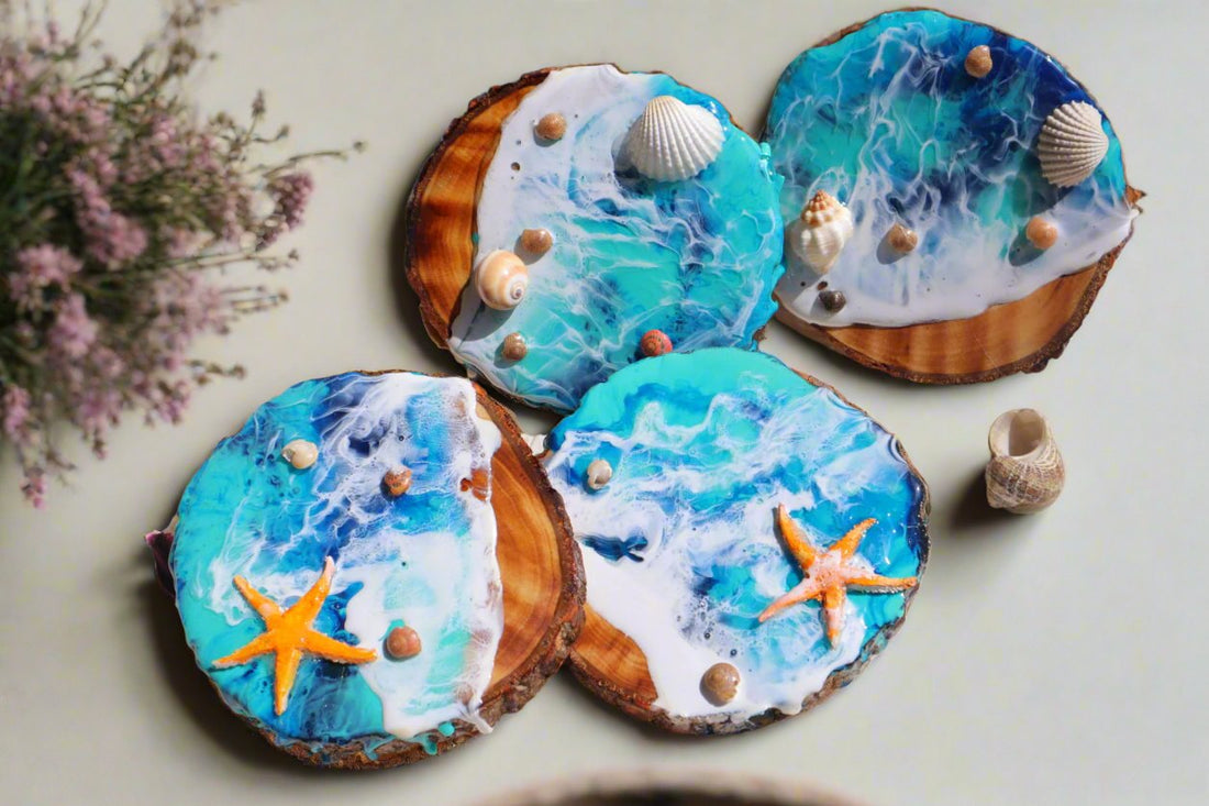 Set of 4 Handmade Coasters with Sea Shells and Star Fish