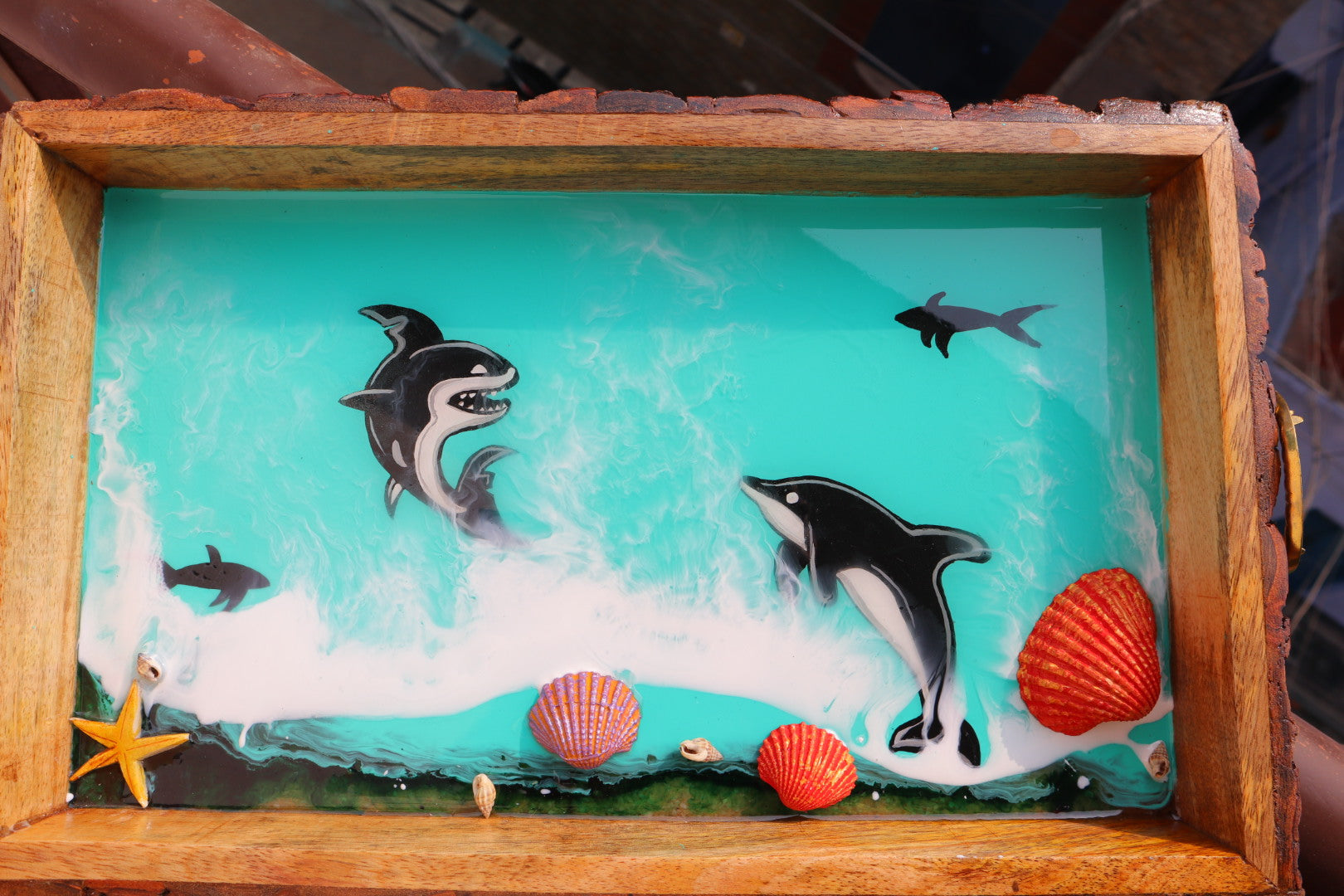 Dolphin Rectangle Epoxy Ocean Tray | Beach Theme Resin Serving Tray