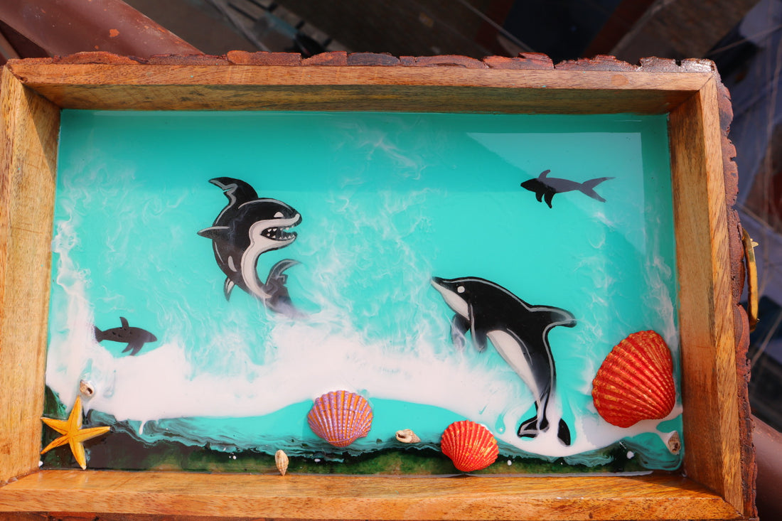 Dolphin Rectangle Epoxy Ocean Tray | Beach Theme Resin Serving Tray