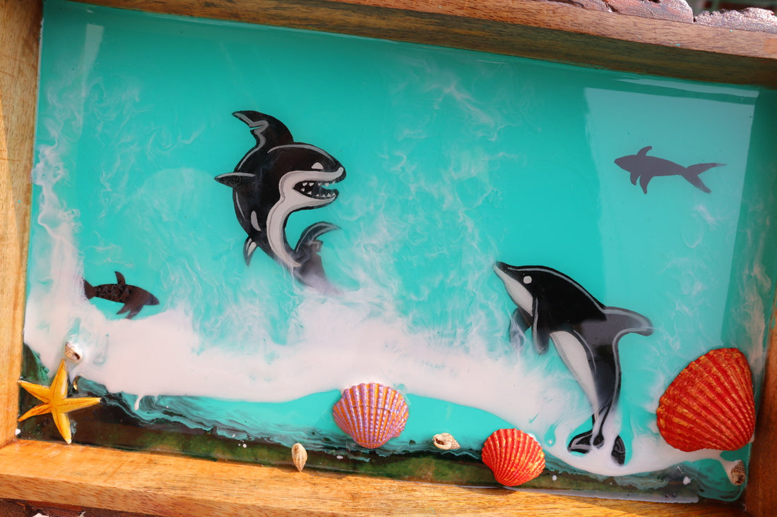 Dolphin Rectangle Epoxy Ocean Tray | Beach Theme Resin Serving Tray