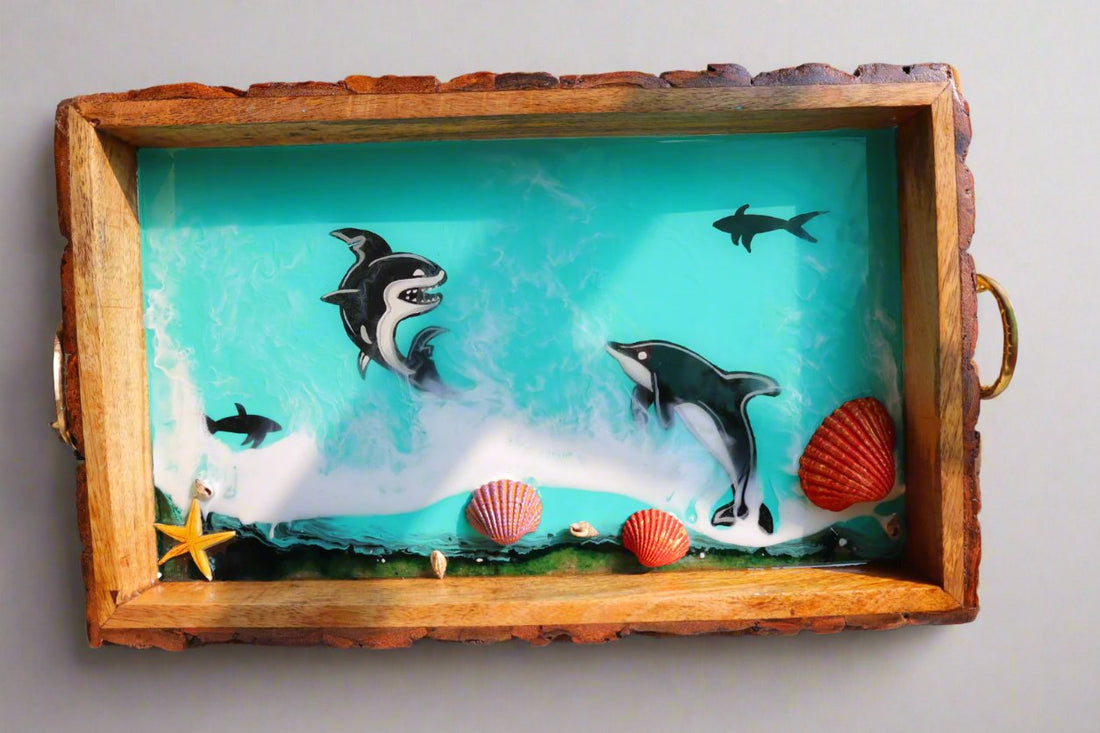 Dolphin Rectangle Epoxy Ocean Tray | Beach Theme Resin Serving Tray