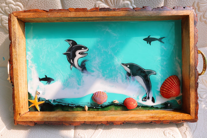 Dolphin Rectangle Epoxy Ocean Tray | Beach Theme Resin Serving Tray