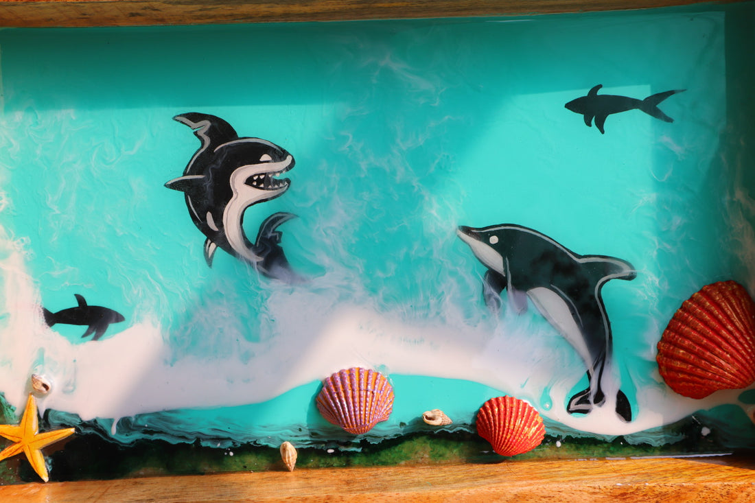 Dolphin Rectangle Epoxy Ocean Tray | Beach Theme Resin Serving Tray