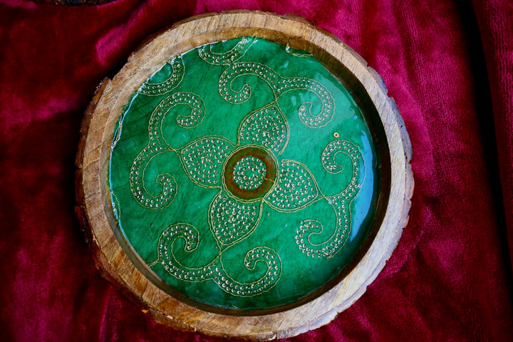 Green Print Circle Resin Serving Tray