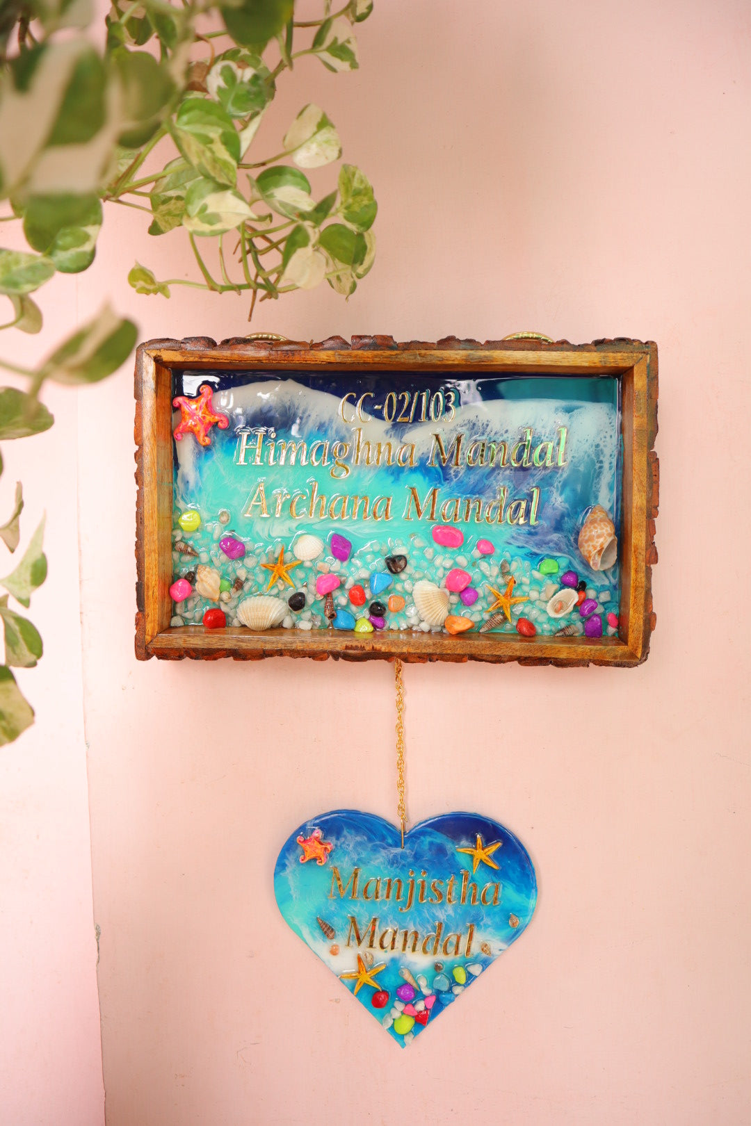 Rocky Beach Resin Name Plate with Hanging Heart