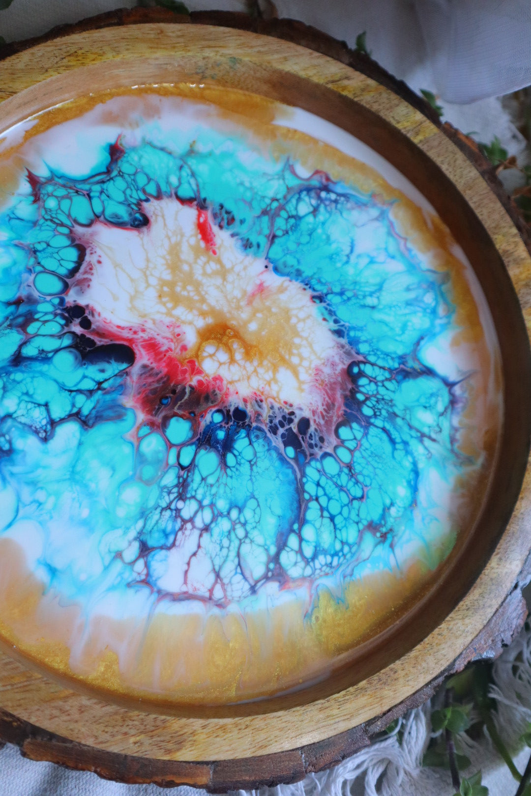 Epoxy Colorful Pattern Wooden Circular Tray | Resin Serving Tray
