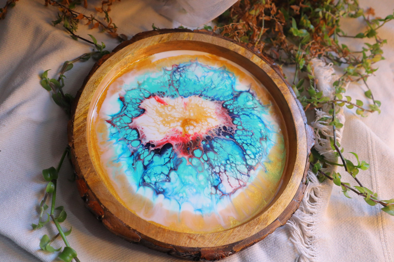 Epoxy Colorful Pattern Wooden Circular Tray | Resin Serving Tray