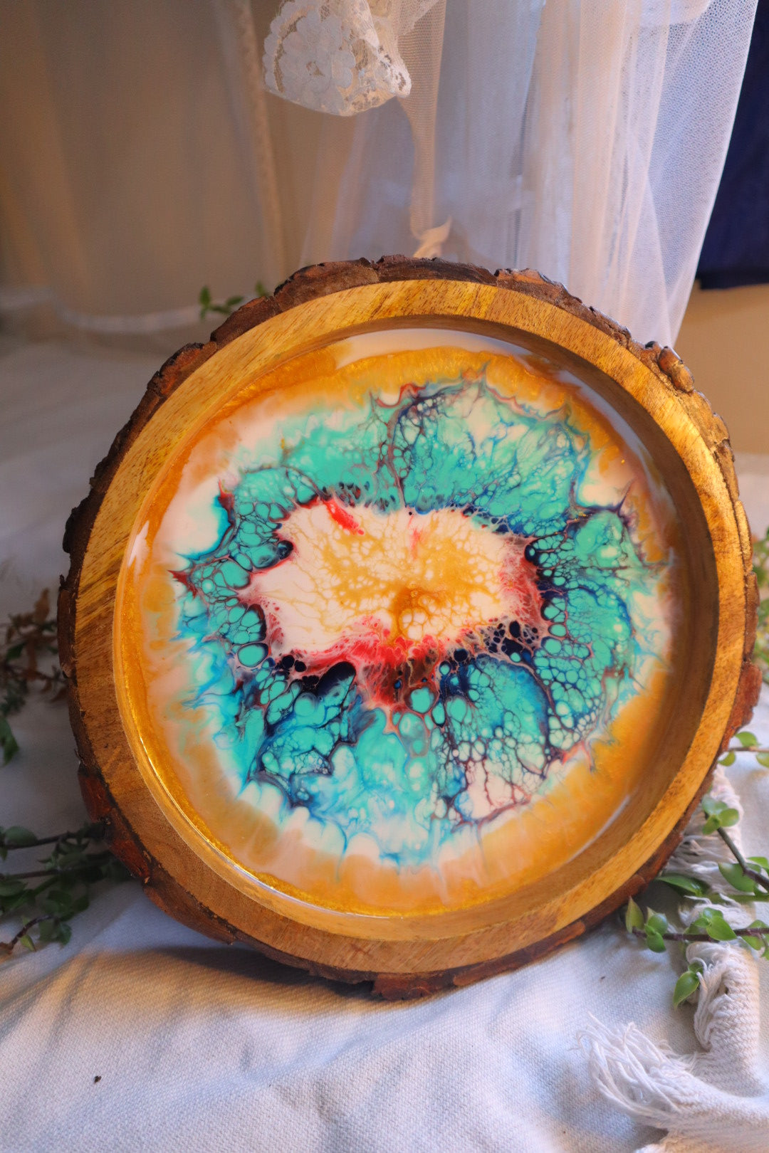 Epoxy Colorful Pattern Wooden Circular Tray | Resin Serving Tray