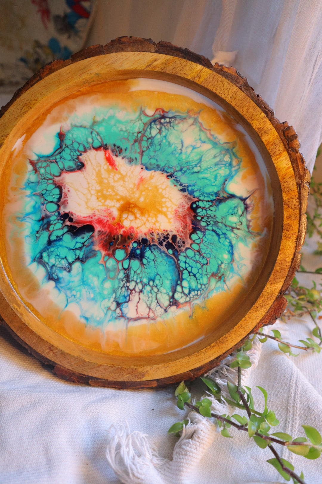 Epoxy Colorful Pattern Wooden Circular Tray | Resin Serving Tray